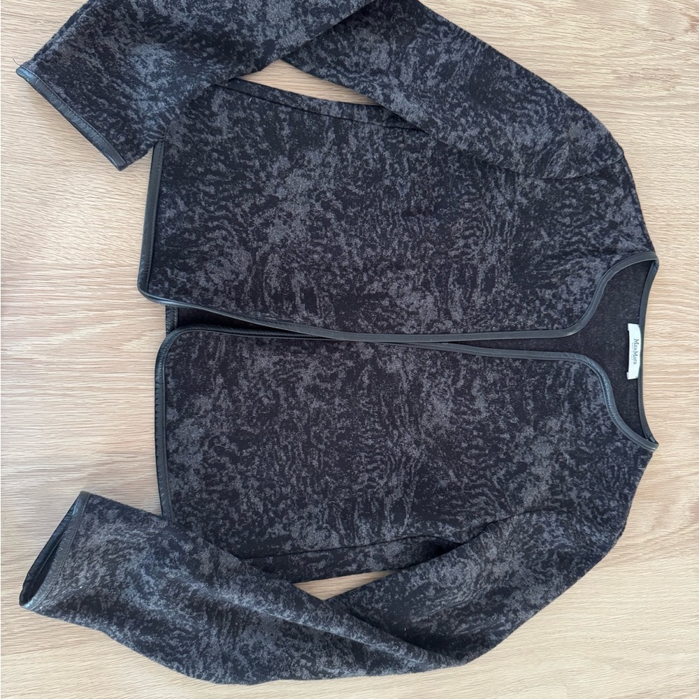 Max Mara Black and Gray Patterned Jacket with Leather Tr